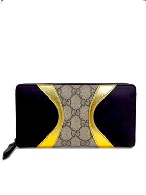 Gucci Monogram Zip Wallet in Black, Gold and Beige